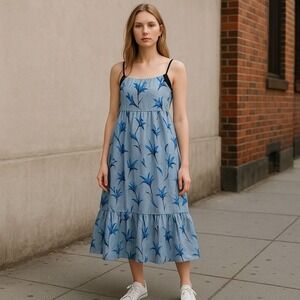 Lost Ink Blue Floral Print Midi Dress Tiered Casual Summer 4X Plus Sie